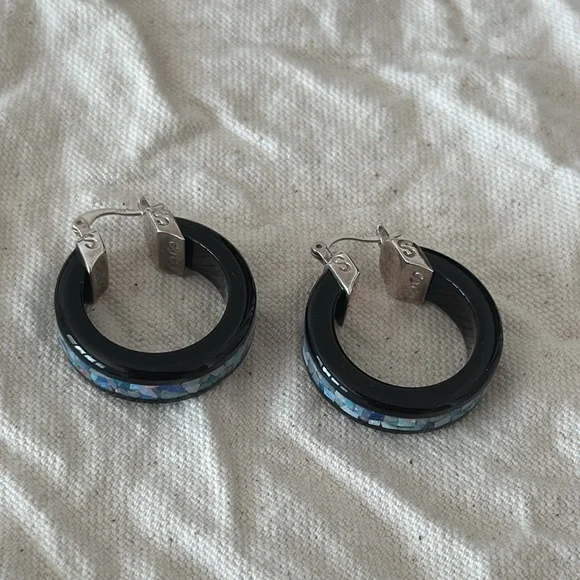 Jay King Black Chalcedony/Blue Opal mosaic Hoop Earrings - Picture 5 of 10